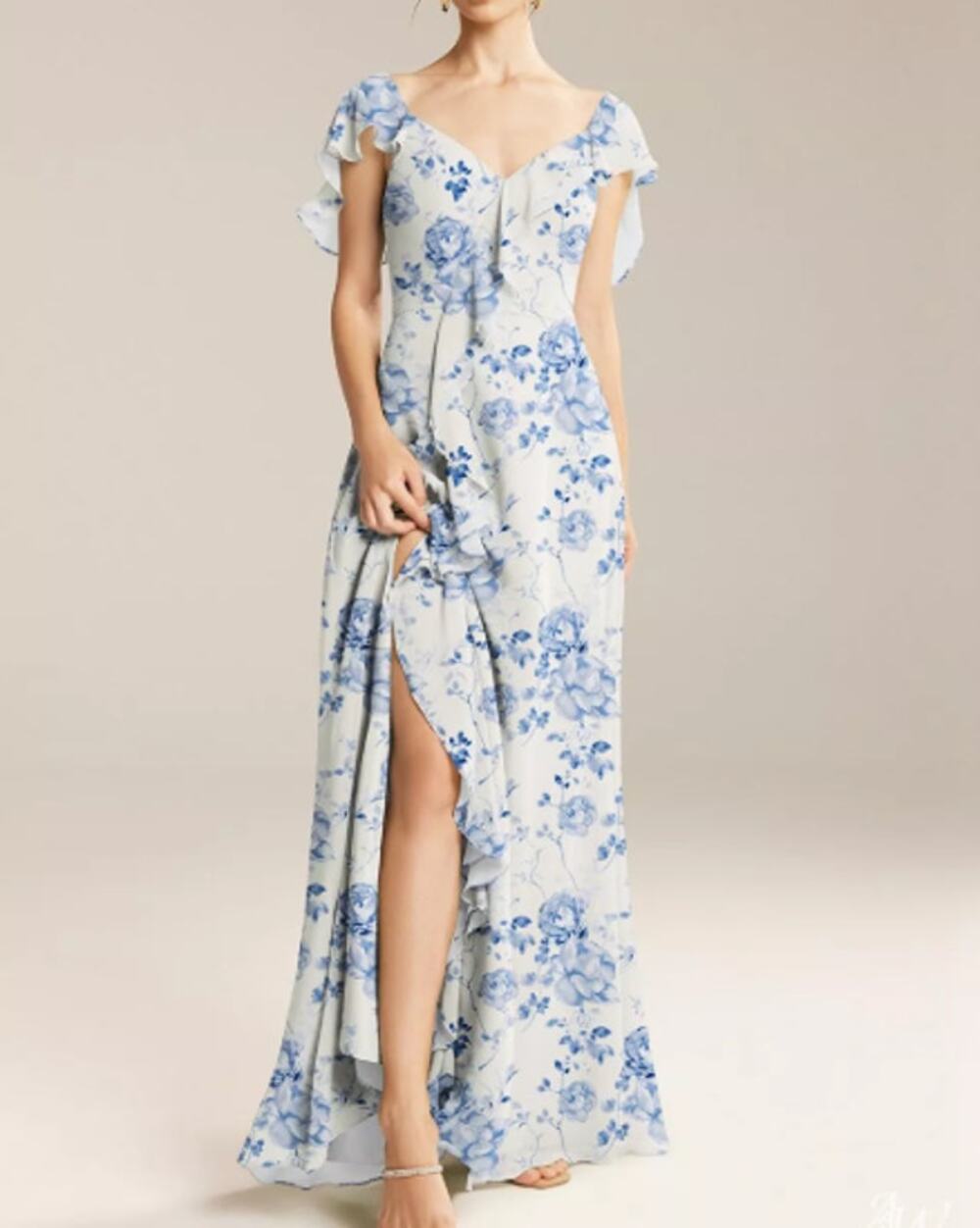 AW BRIDAL  22 3x plus blue white chiffon botanical floral formal maxi dress B56